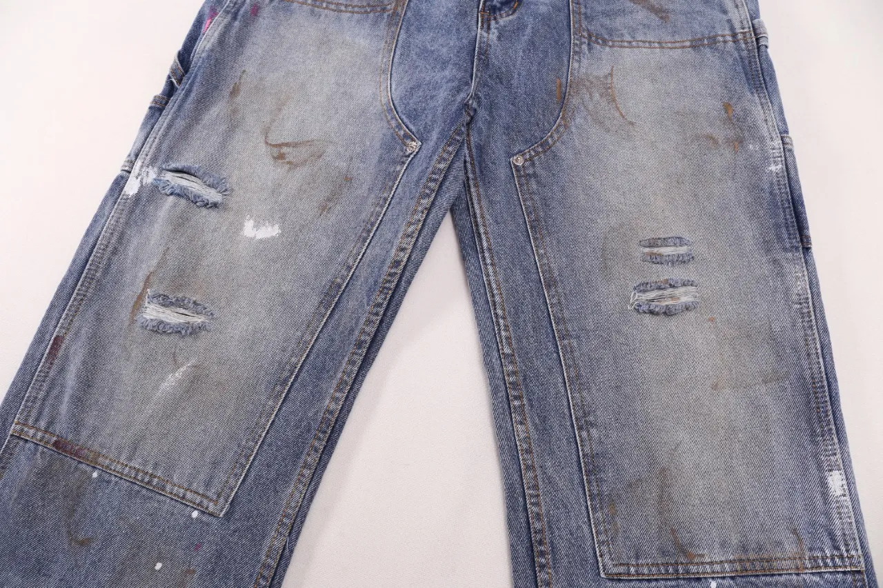 651#Gallery Dept New Retro Old Splashed Paint Holes Dirty Feng Shui Washed Mud Dyeing Logging Workwear Jeans American High Street Casual Workwear Trousers Washed Blue S～XL p290